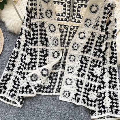 SINGREINY Vintage Boho Loose Plaid Cardigans Female Long Sleeves Hook Flower Hollow Tops 2025 Vacation Sunscreen Casual Shirt Badiee Stylez