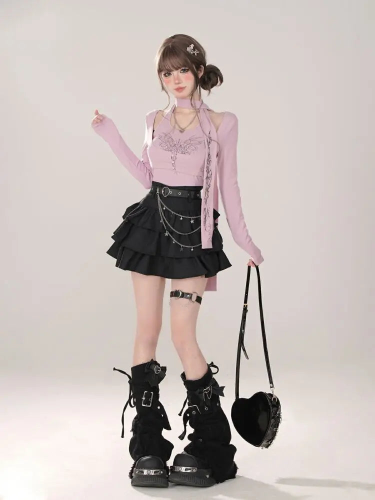 Women Black Gothic A-line Cake Skirt Vintage Y2k Skirt Aesthetic Harajuku Korean Elegant Kawaii Emo Skirts 2000s Trashy Clothes
