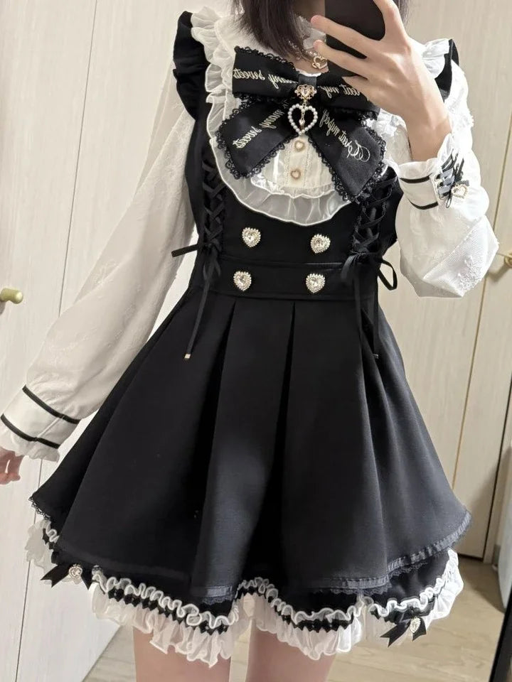 Y2k Aesthetic Lolita Style Bow Dress Shorts Set Japanese Women Gothic Lace Flare Sleeve Button Shirt Dress Punk Party Mini Dress 346