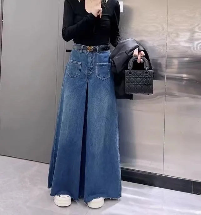 Retro Loose Super Wide-leg Jeans Women's 2024 Spring New Design Rough Edge Culottes Drape Floor Pants Women's Clothing Simple