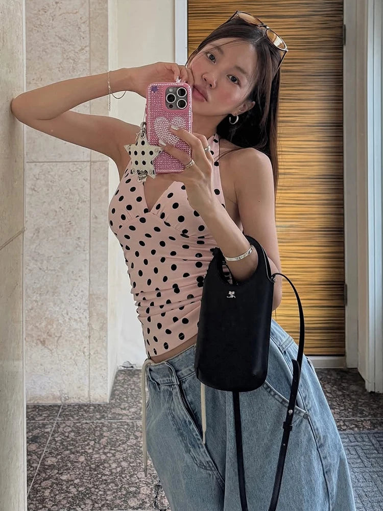 weird Puss Polka Dot Print Vest Women Y2K Lace-Up Backless Halter v-Neck Skinny Summer Trend Daily Street Basic Chic Tank Tops