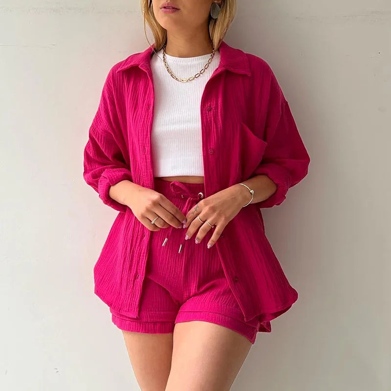 Short Sets Women Tracksuit Single Breasted Cardigan Blouses Two Pieces Shorts Loose Button High Street Solid Pockets Folds