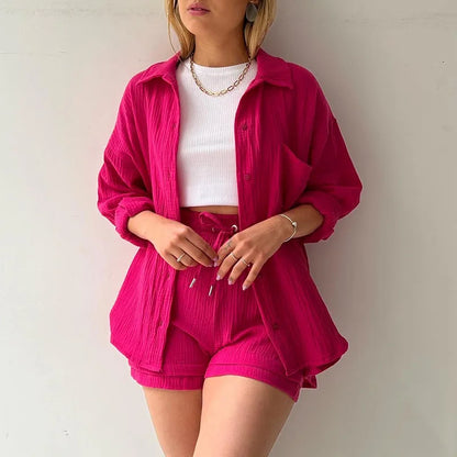 Short Sets Women Tracksuit Single Breasted Cardigan Blouses Two Pieces Shorts Loose Button High Street Solid Pockets Folds