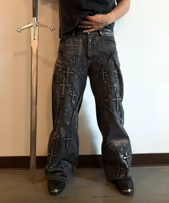 Gothic American Retro Cross Embroidered Wash Loose Black Denim Trousers Y2k New Popular Harajuku Hip-hop Rock Couple Streetwear