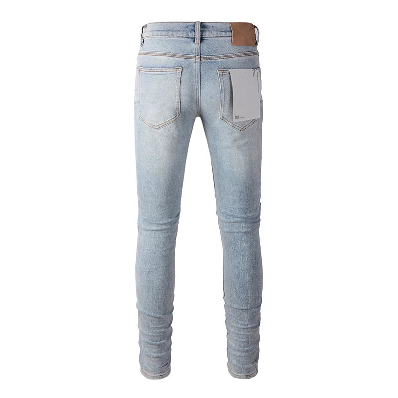 Men's American High Street Fashion Distressed Washed Classical Blue Damaged Holes Stretch Skinny Button Fly Jeans Pants