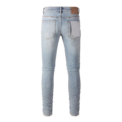 Men's American High Street Fashion Distressed Washed Classical Blue Damaged Holes Stretch Skinny Button Fly Jeans Pants