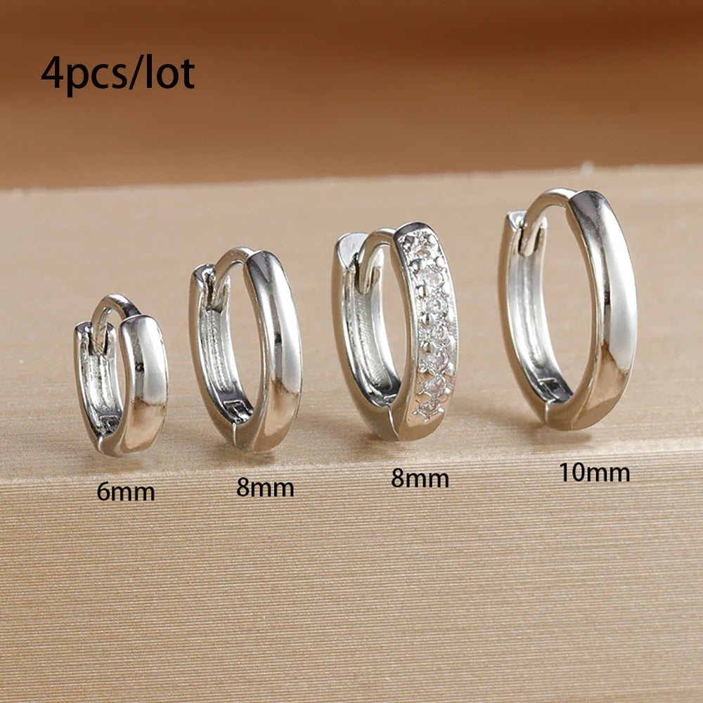 4PCS Set Stainless Steel Huggie Minimal Hoop Earrings 6/8/10mm Crystal Zirconia Helix Tragus Cartilage Earrings Piercing Jewelry Badiee Stylez