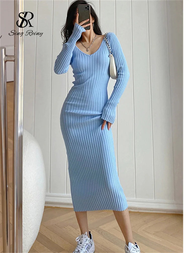 SINGRAIN Women Autumn Knitted Dress V Neck Sexy Slim Elastic Oversized Basic Bodycon Long Dress Winter knit Warm Sweater Dresses