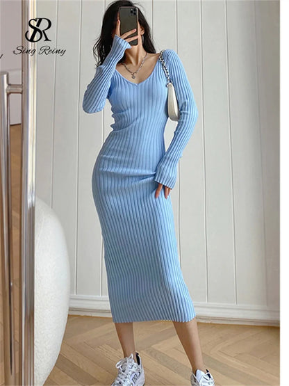 SINGRAIN Women Autumn Knitted Dress V Neck Sexy Slim Elastic Oversized Basic Bodycon Long Dress Winter knit Warm Sweater Dresses