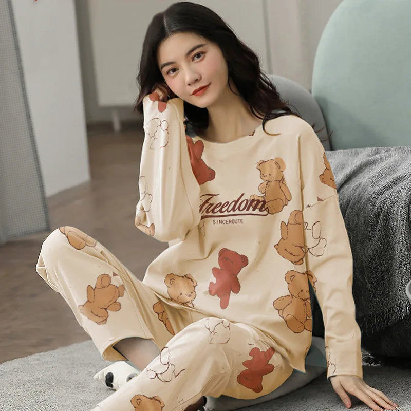 New Ladies Pajamas Loungewear Set Women's Spring and Autumn Style Long Sleeved Autumn Winter Loungewear Women's Plus Size Pajama Khaki