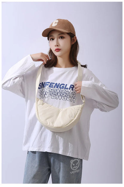 Solid Color Women's Portable Shoulder Bag Simple Female Nylon Cloth Padded Crossbody Bags Travel Purse Handbags Messenger Bag