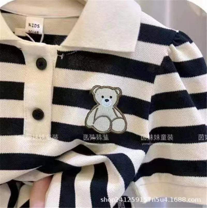 Girls Stripes Dresses Spring Autumn Kids Short Sleeve Polo Neck Sweatshirt Dress Teen Fashion T-Shirt Dress Clothes 2-10 Years