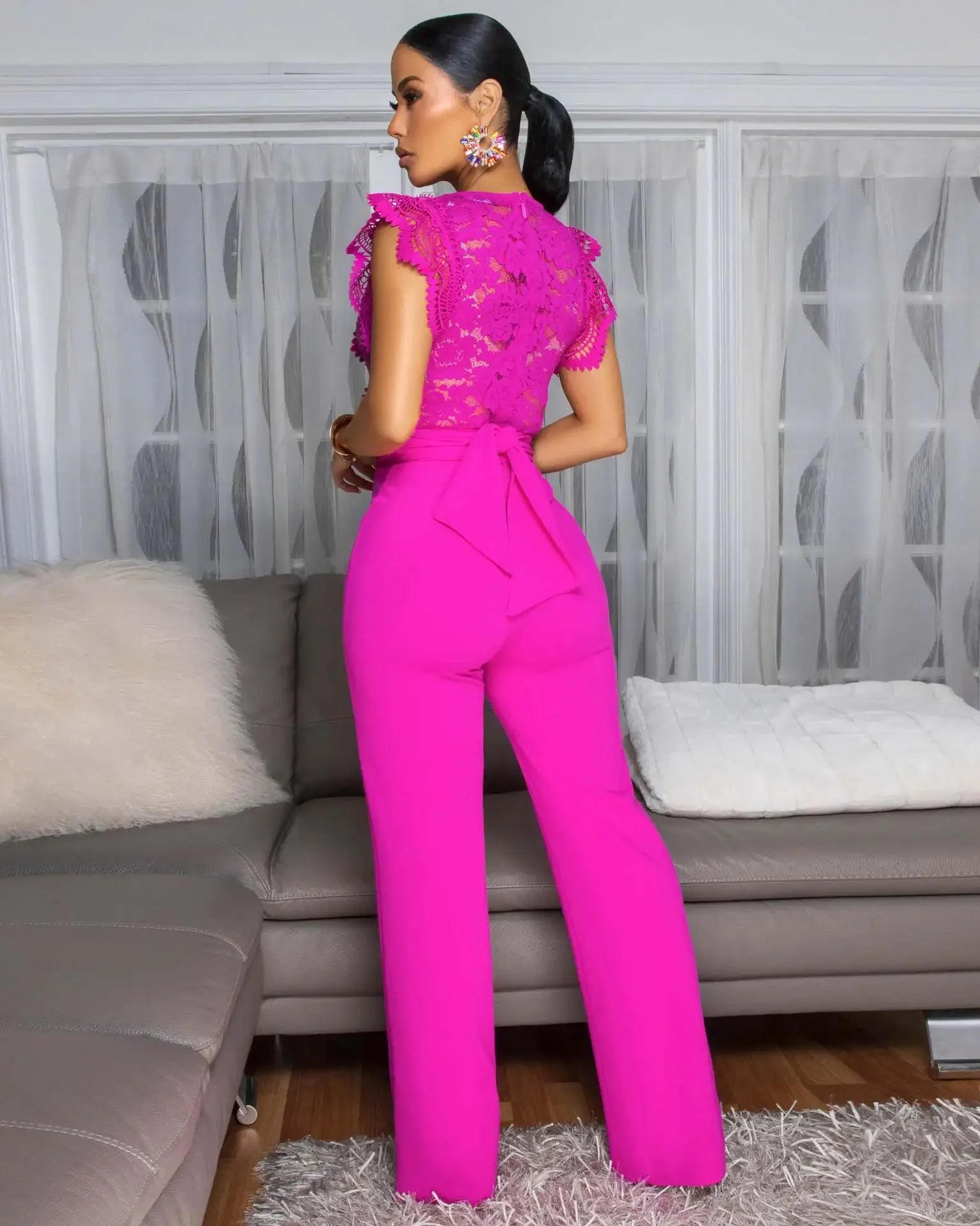 Women Lace See Though Patchwork Short Sleeve V-neck Jumpsuits Summer Vacation One Piece Set Streetwear Fitness Jumpsuit Badiee Stylez