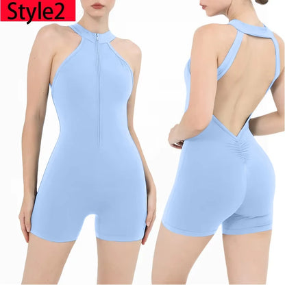 Scrunch Gym Jumpsuit Women's Fitness Suit Short Sets Sports Overalls for Woman Tracksuit Yoga Clothing Zipper Workout Sportswear Style2 HazeBlue