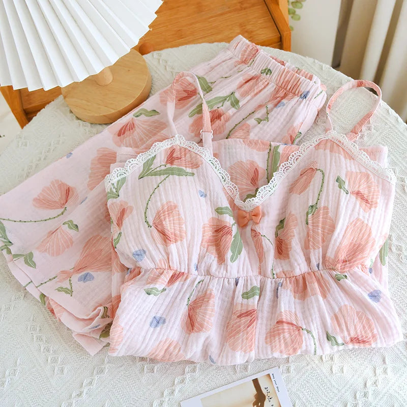 2025 New Summer Women's Pajama Set 100% Cotton Suspenders+Shorts with Chest Pads Two Piece Set of Ladies Flower Home Furnishings
