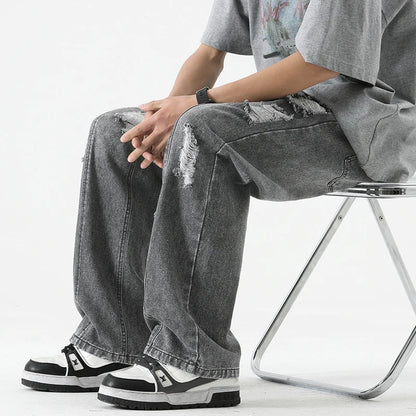 Men's Summer Ripped Jeans Loose Straight Leg Retro Men Draw Rope Port Fashion Brand All-match Casual Pants Smoky grey