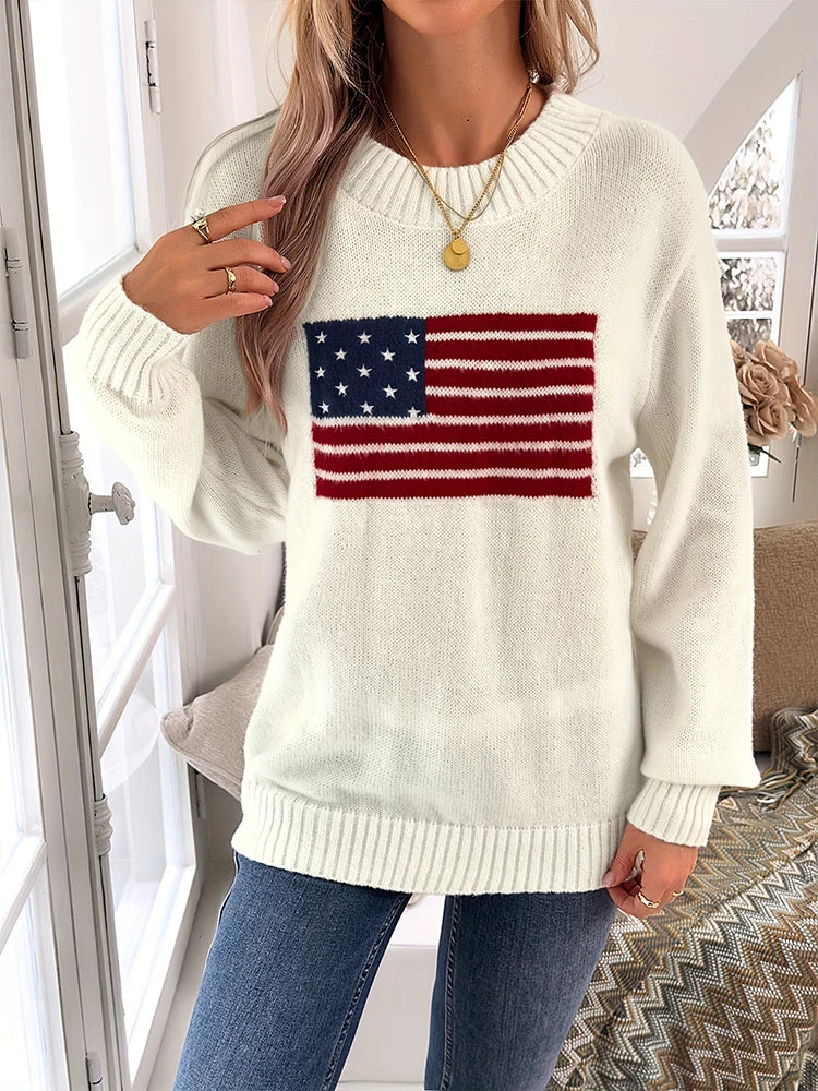 Plus Size Women Fashionable Loose Casual All-Match Sweater With Flag Print Flag Graphic Long Sleeve Sweater Knit