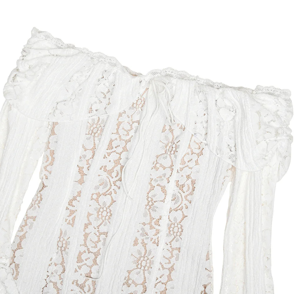 Suninheart White Off The Shoulder Autumn Bodycon Dress 2025 Long Sleeve Elegant Lace Maxi Dress Wedding Guest Dress for Women