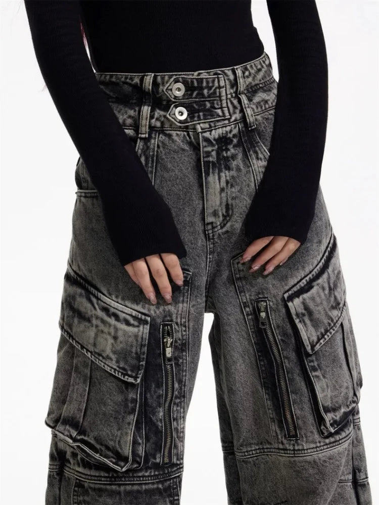 Trashy Y2K 2000S Streetwear Vintage Grey Baggy Pleated Cargo Jeans Pants For Women Clothing Multi Pockets Wide Leg Lady Trousers