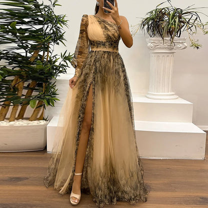 Vintage Pattern Printed High Waist Long Dress Sexy Asymmetric Mesh Evening Dress New One Shoulder Sleeve Pleats Bridesmaid Dress 04 Print