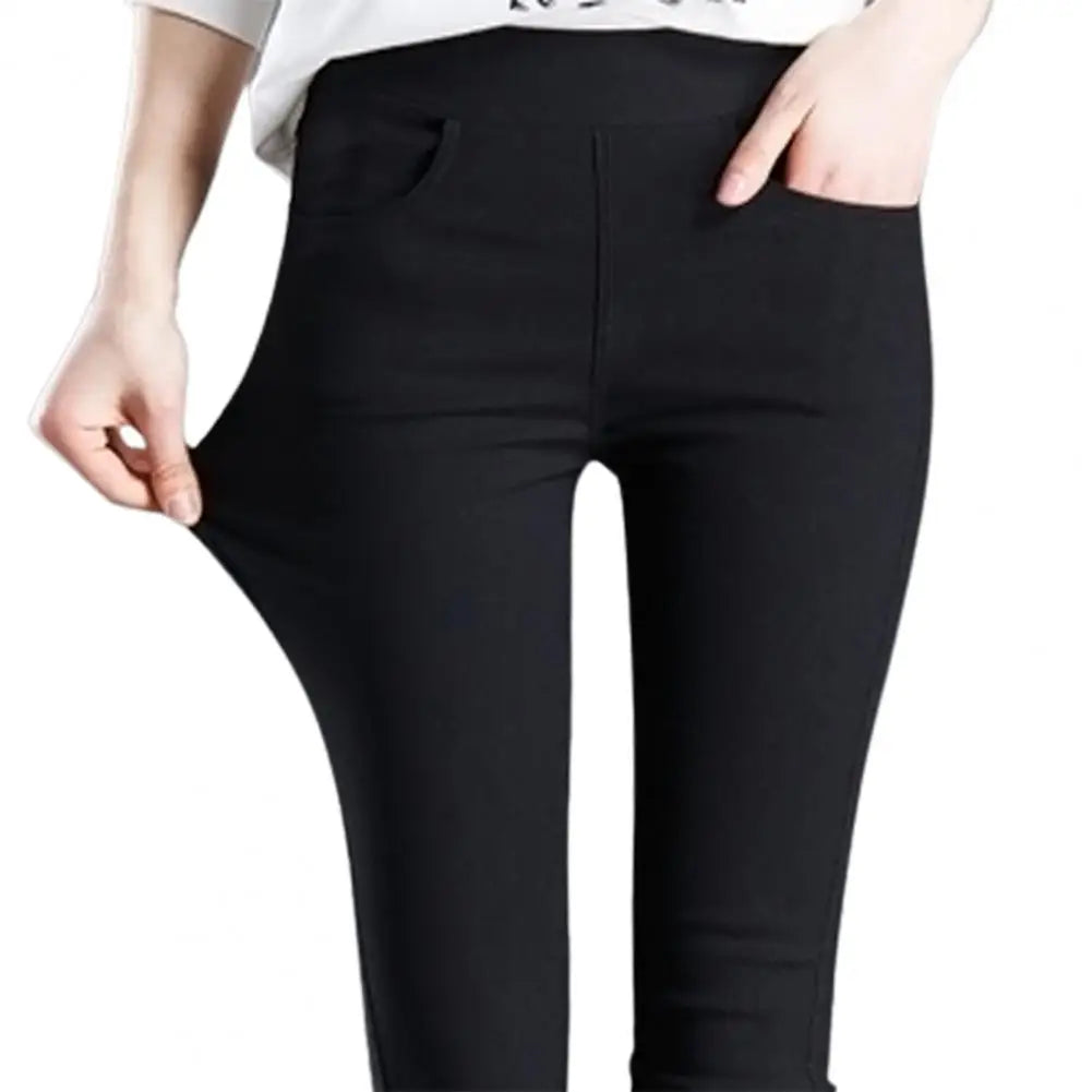 Office Lady Elastic High Waist Solid Color Trousers Summer Thin Female Clothing Casual Pockets Slim Nine Points Straight Pants Black