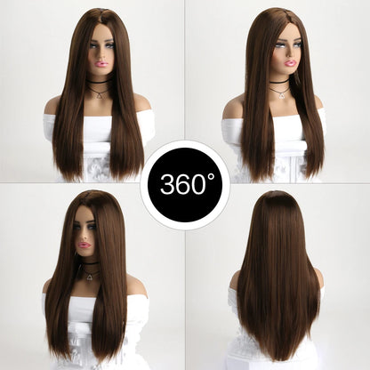 26 Inch Long Straight Wig Mid Bangs Women Black Ombre Heat Resistant Wigs For Daily Use Cosplay Halloween Costume Party KW-005G 26inches 1pc