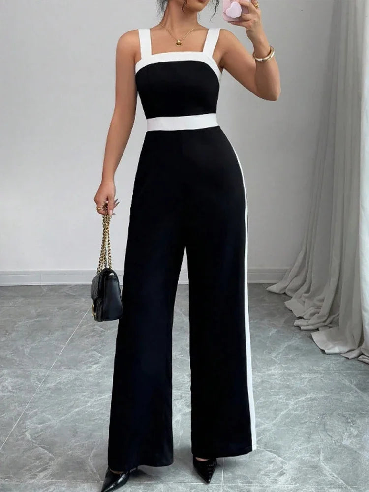 Women's Casual Black Jumpsuit White Contrast Trim Square Neck Great for City Nights Social Gatherings Fashionable Wear Badiee Stylez