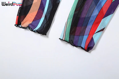 Weird Puss Sexy Colorful Print Jumpsuit Women Zip Y2K Full Sleeve O-Neck Turtleneck Autumn Trend Skinny Stretch Workout Overalls Badiee Stylez