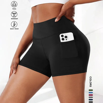 Plus Size Fit Yoga Shorts for Women's High Waist Side Pocket Workout Running Tight Stretchy Athletic Summer Fashion Slim Shorts black