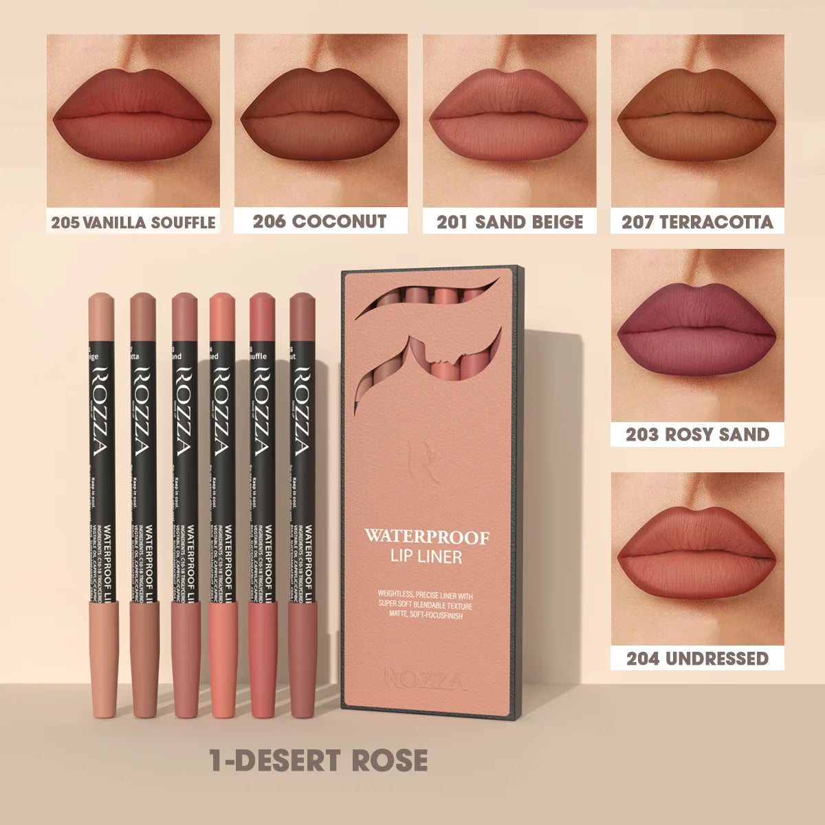 Rozza Waterproof Lip Liner Pencil Set, Weightless Precise Liner with Super Soft Blendable Texture Matte Soft Desert Rose