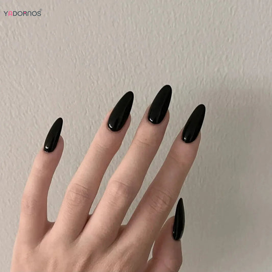 Almond Mid-length Black Fake Nail Solid Color Press on Nails Simple Full Cover Artificial Nail For Girls Nail Extension 24Pcs Y1