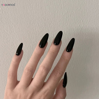 Almond Mid-length Black Fake Nail Solid Color Press on Nails Simple Full Cover Artificial Nail For Girls Nail Extension 24Pcs Badiee Stylez