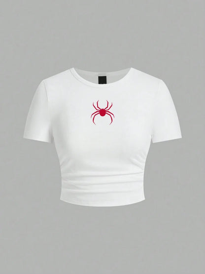 Simple Red Spider Printing Crop Tops Summer Street Fashion Women's Slim-fit T-Shirt Comfortable Soft High Elastic Female Clothes