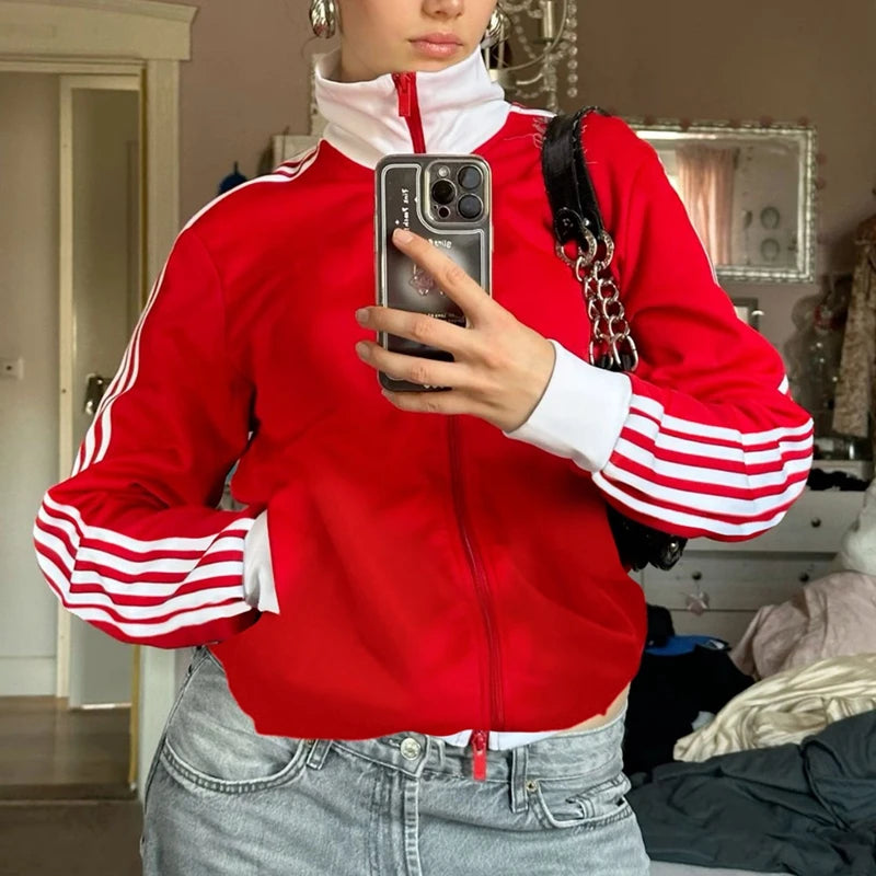 Women Sporty Zip Up Side Striped Jacket Autumn Casual Mock Neck Motorcycle Coats Tops Teen Girls Fashion Long Sleeve Sweatshirts Red