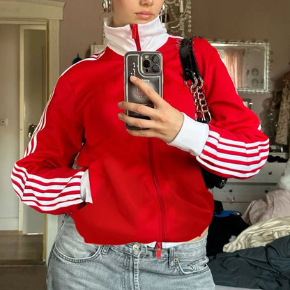 Women Sporty Zip Up Side Striped Jacket Autumn Casual Mock Neck Motorcycle Coats Tops Teen Girls Fashion Long Sleeve Sweatshirts Red