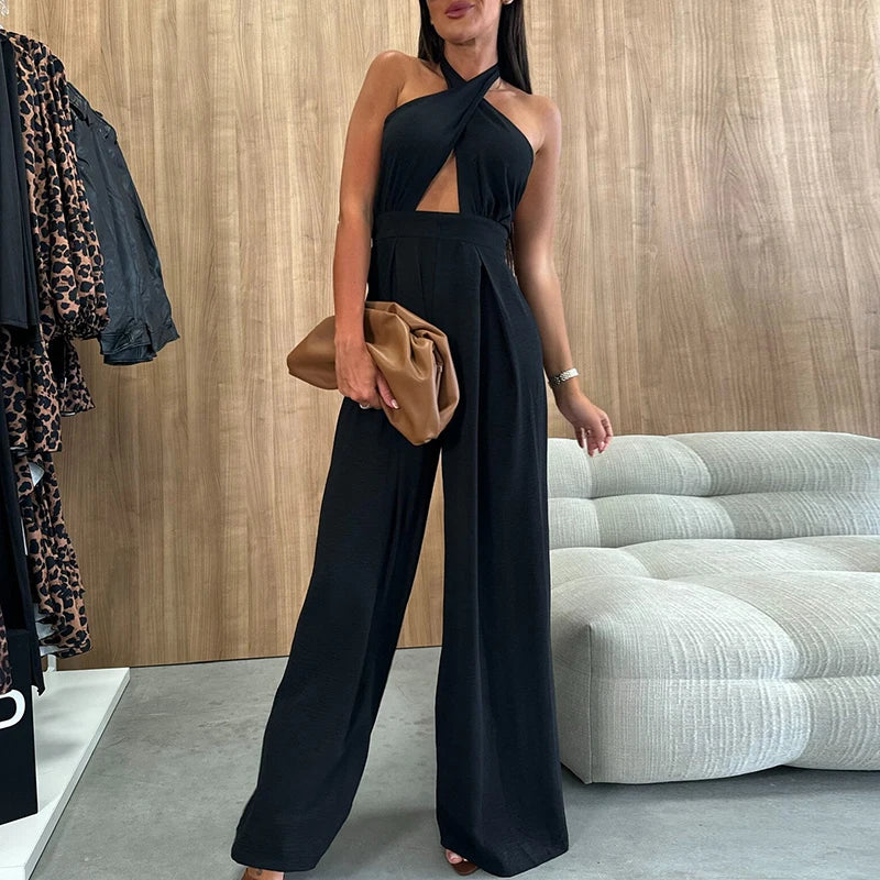 Women Fashion Hollow Combination High Street Hollow Backless Slim Long Jumpsuit 2025 Solid Cross Halter Wide Leg Office Rompers