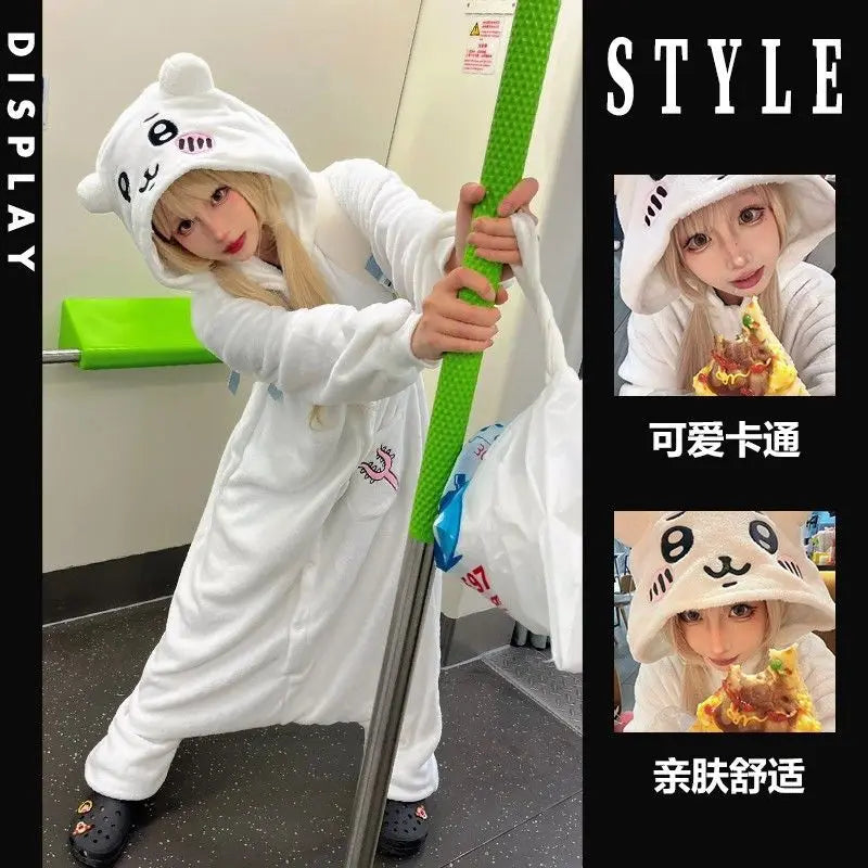 Kawaii Chiikawacoral Velvet Hooded Pajamas for Girls New Cute Cartoon Hachiware Usagi Women's Velvet Home Clothes Autumn Winter B