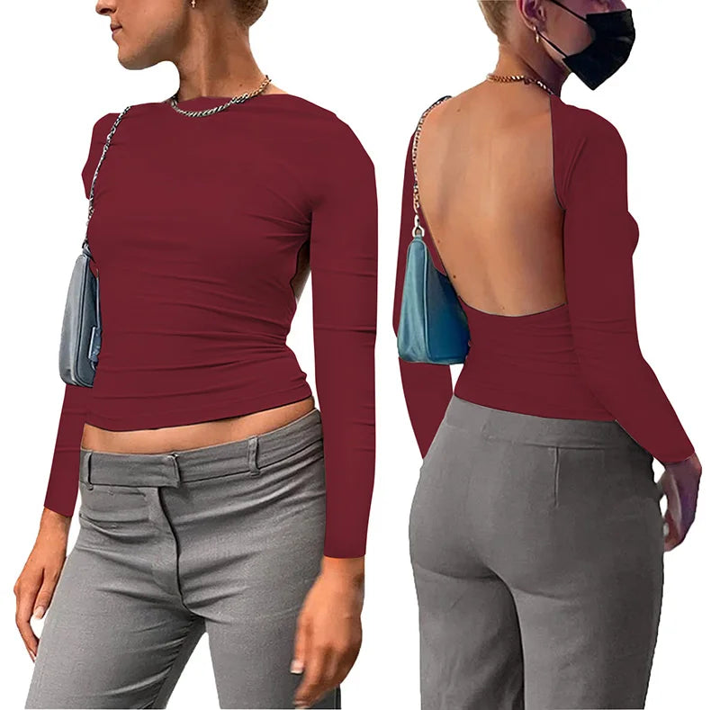 Backless Short Sleeve Blue Y2K Crop Top Women Casual O Neck Summer T Shirts Sexy Vintage Cut Out