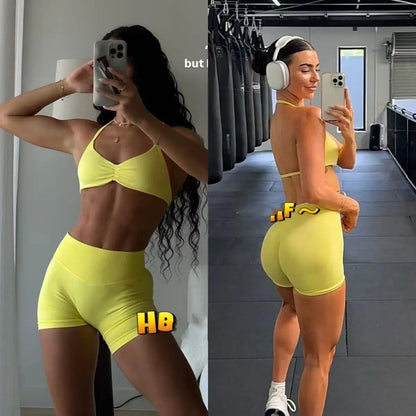 Impact Gym Set Women Two Piece Strappy Yoga Bra Top Workout Scrunch Shorts Suit Fitness Clothes Seamless Sportswear Workout Set