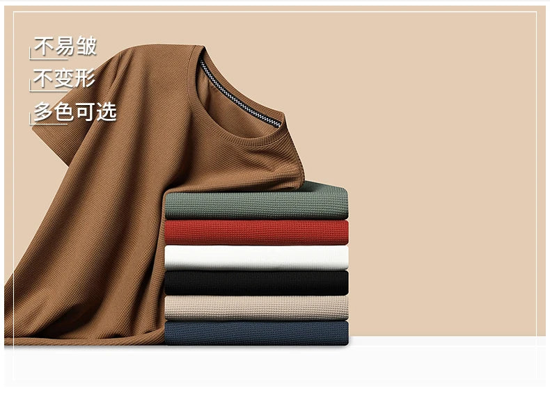 New Summer Waffle Round Neck Short Sleeved T-shirt for Men's Short Sleeved Top Badiee Stylez