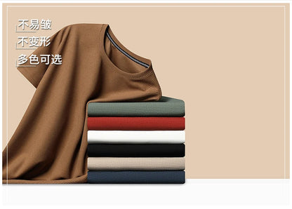 New Summer Waffle Round Neck Short Sleeved T-shirt for Men's Short Sleeved Top Badiee Stylez