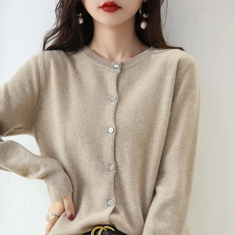 Knitted Cardigan Women's Sweater Autumn And Winter 2022 New Solid Color Coat Round Neck Short Long Sleeve Loose Korean Fashion Elegant camel color CHINA