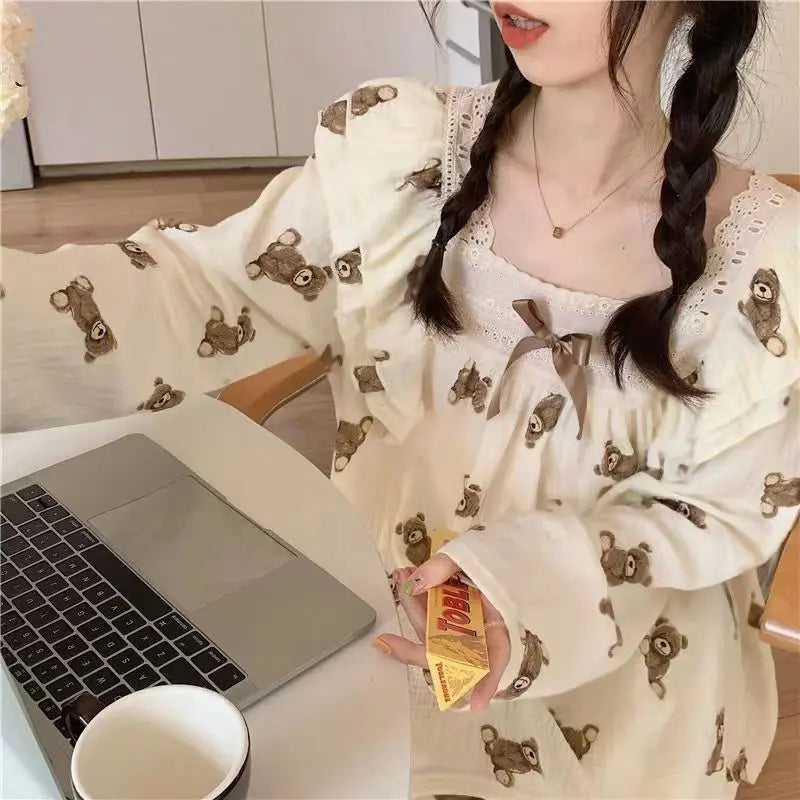 Spring and Autumn New Women's Pajamas Homewear Suit Female Court Style Doll Collar Japanese Girl Plaid Autumn and Winter Homewea