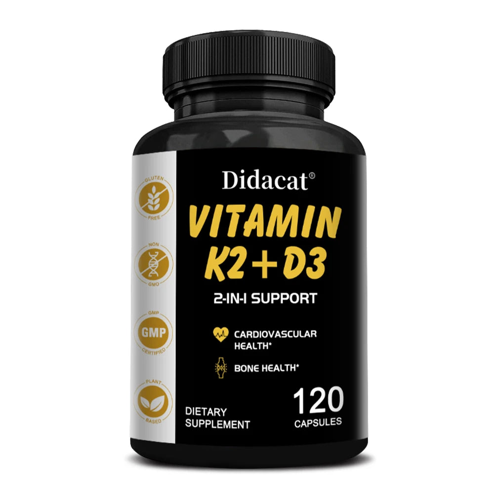 Didacat Vitamin D3+K2 Capsules, Support Calcium Absorption Bone Teeth Heart Brain Health Joints Immune Function 120 count-1 bottle