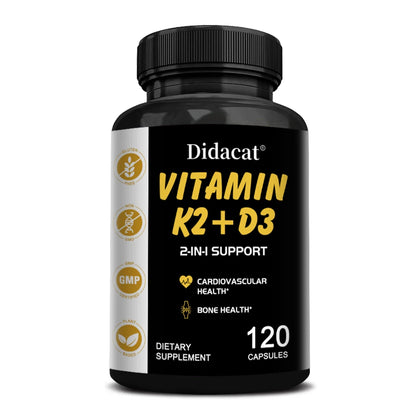 Didacat Vitamin D3+K2 Capsules, Support Calcium Absorption Bone Teeth Heart Brain Health Joints Immune Function 120 count-1 bottle