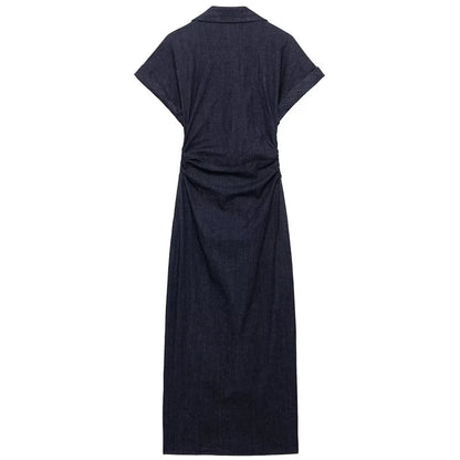 TRAF Womens Denim Dresses Summer 2025 Button Bodycon Blue Dress Ruffled Batwing Sleeve Long Dress Chic Casual Beach Vestidos 066