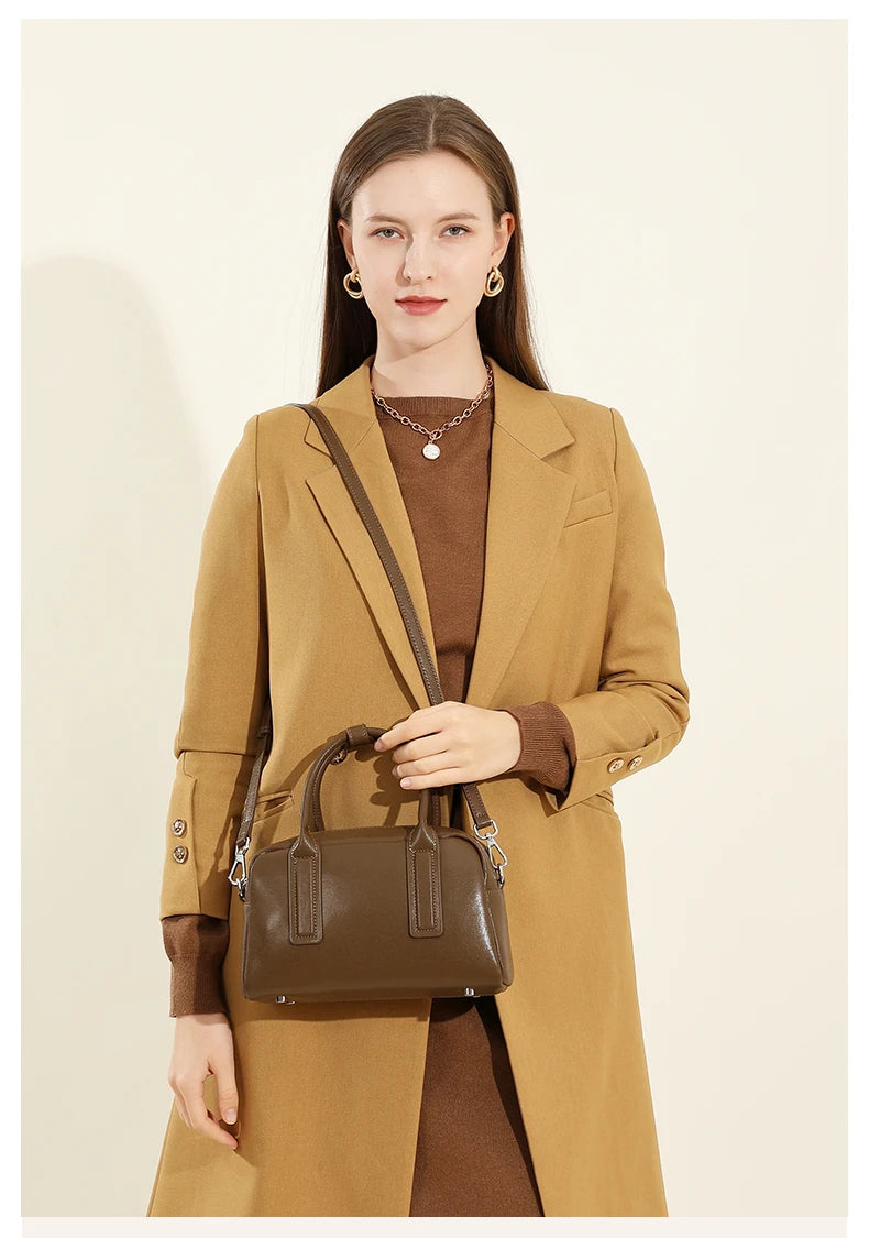 Hifashion Vintage Boston Cow Genuine Leather Handbags For Women 2025 Trend Designer Bowling Work Ladies Shoulder Crossbody Bags