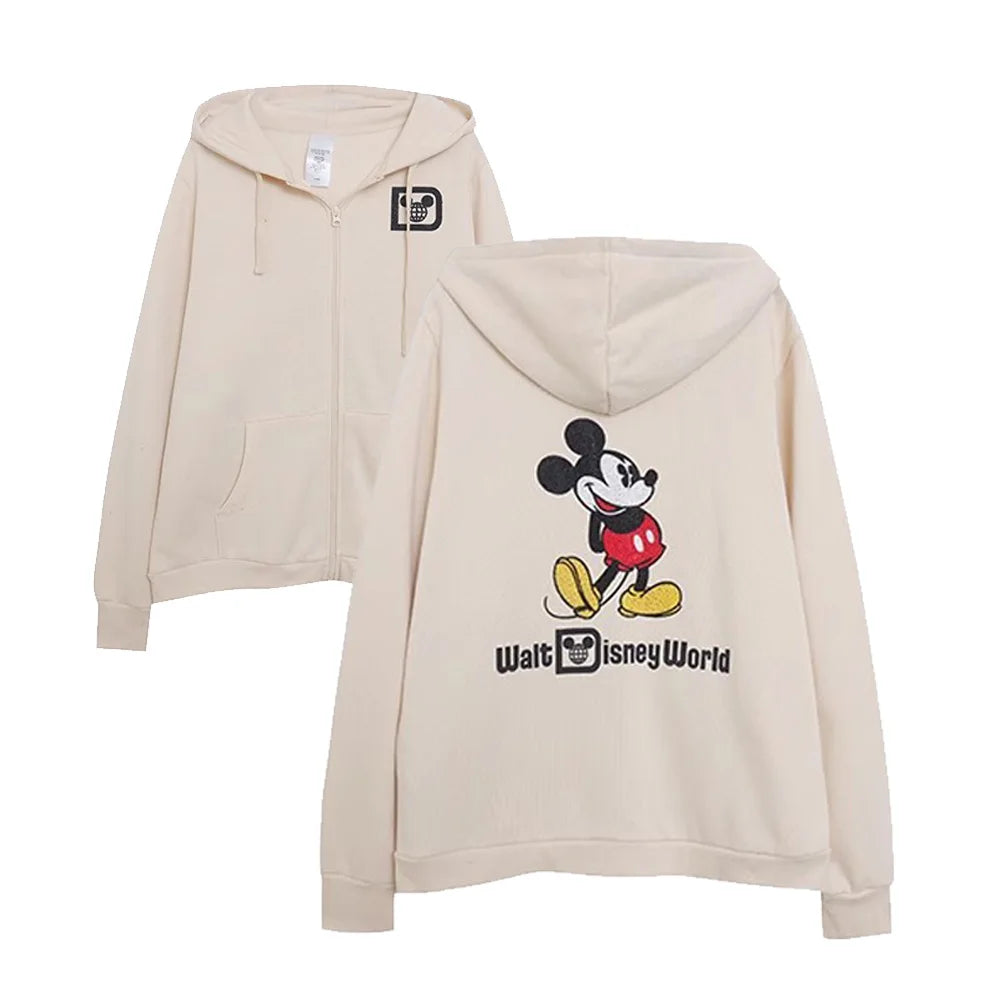 Disneyland Sweatshirt Castle Shining Mickey Disneyworld Letter Glitter Minnie Unisex Couple Women Zip Pocket Hooded Jumper Top Beige disneyworld CHINA