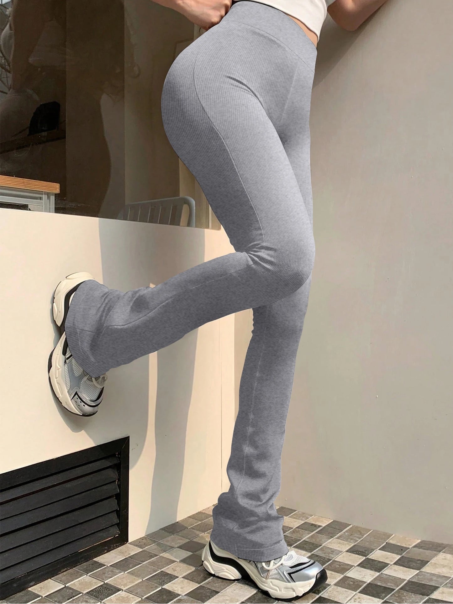 Women's Fashion Trousers Solid Colour High-waisted Flared Pants Slim and Skinny Women's Dragging Trousers Versatile Female Pants GRAY