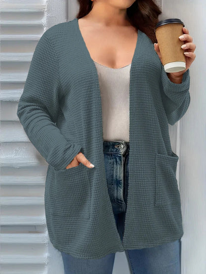 Plus size pure color pocket cardigan coat, casual long-sleeved shirt, suitable for spring and autumn wear, women plus size cloth SH109Hailanse